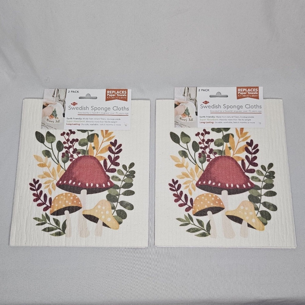 New Set 2 Ritz Swedish Sponge Cloth 2 packs Mushroom Fall Foliage 6.7" x 8"